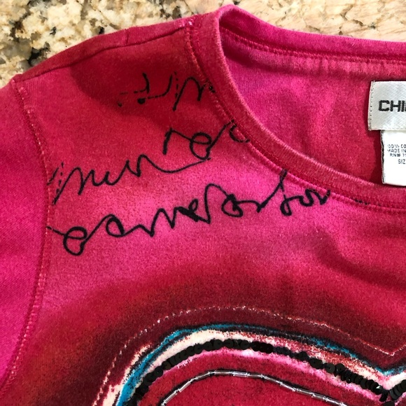 CHICO’S 💗 Beaded Sequined Heart Script Lettering Tee 3/4 Sleeve 🩷💗❤️🩵💚 - Picture 8 of 12